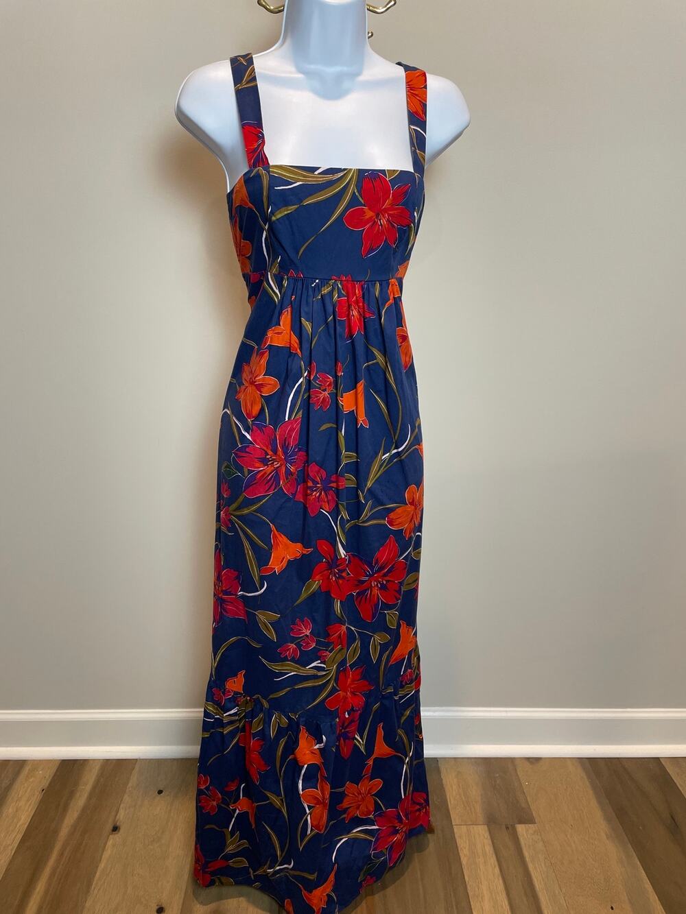 London Times Womens Cotton Floral Square Neck Maxi Dress Size 4 Blue and Orange